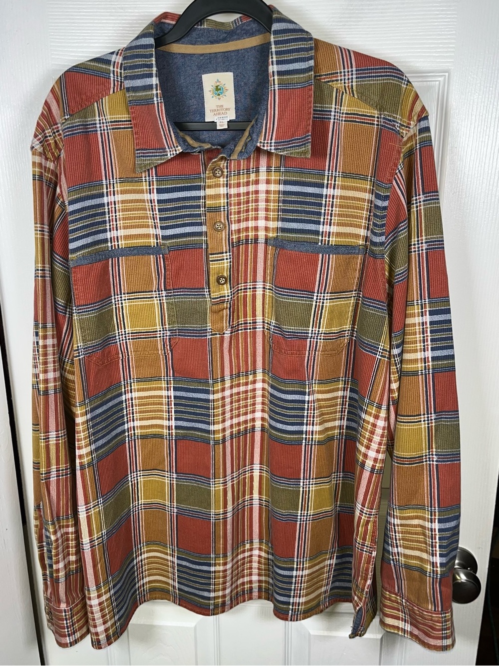 The Territory Ahead Long Sleeve 4 Button Madras Popover Shirt 100% Cotton XL